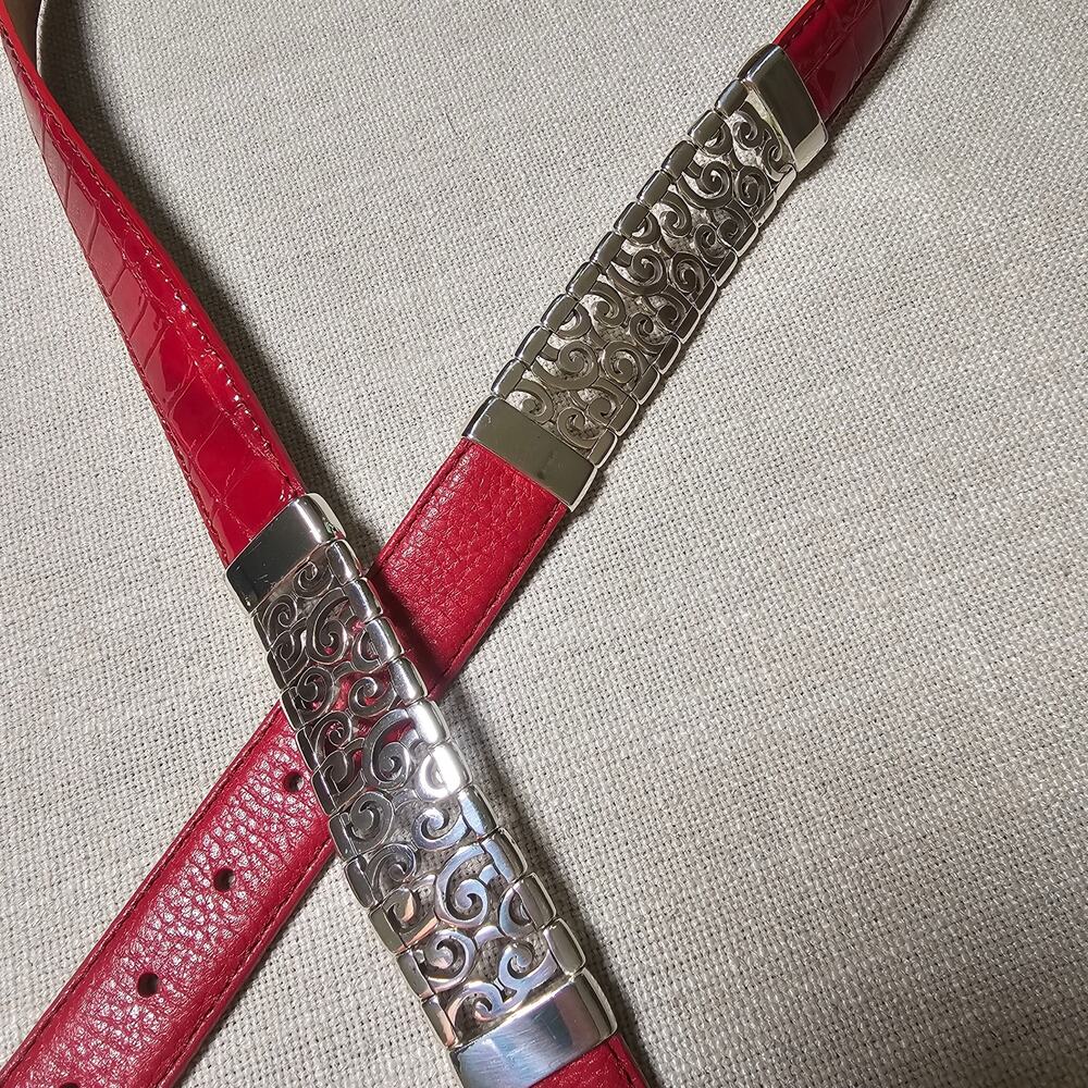 Brighton Red Leather Belt with Silver Filigree Accents